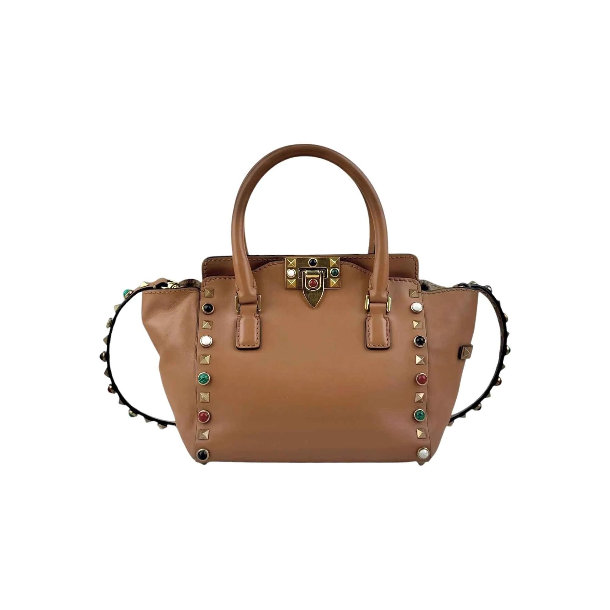 Valentino Brown Leather Rockstud Double Handle Tote Bag