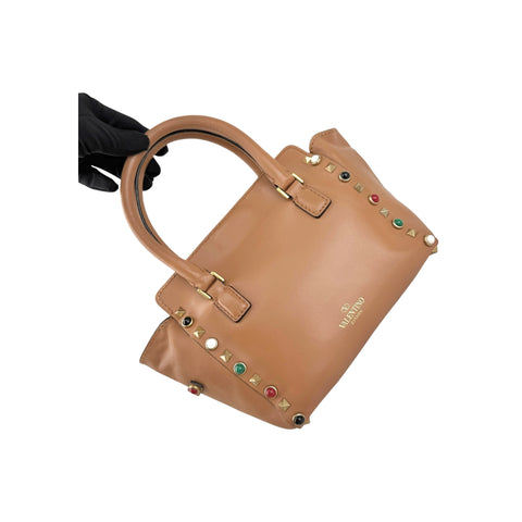 Valentino Brown Leather Rockstud Double Handle Tote Bag