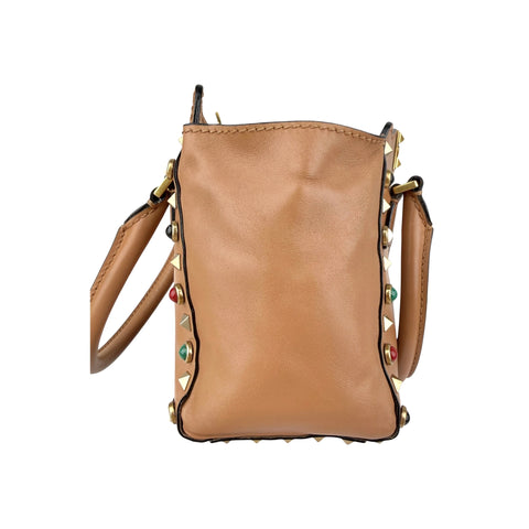 Valentino Brown Leather Rockstud Double Handle Tote Bag