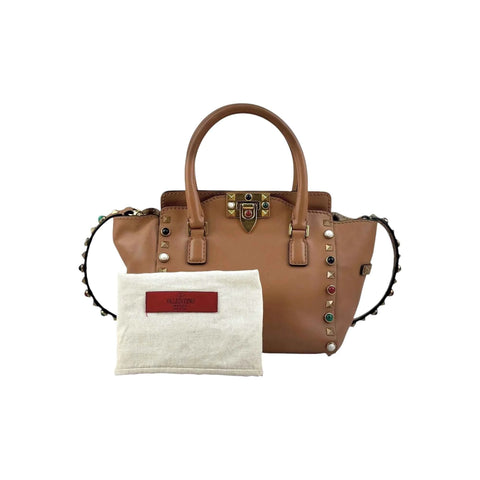 Valentino Brown Leather Rockstud Double Handle Tote Bag