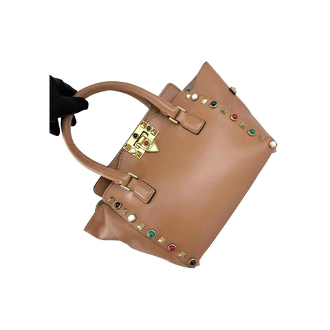 Valentino Brown Leather Rockstud Double Handle Tote Bag