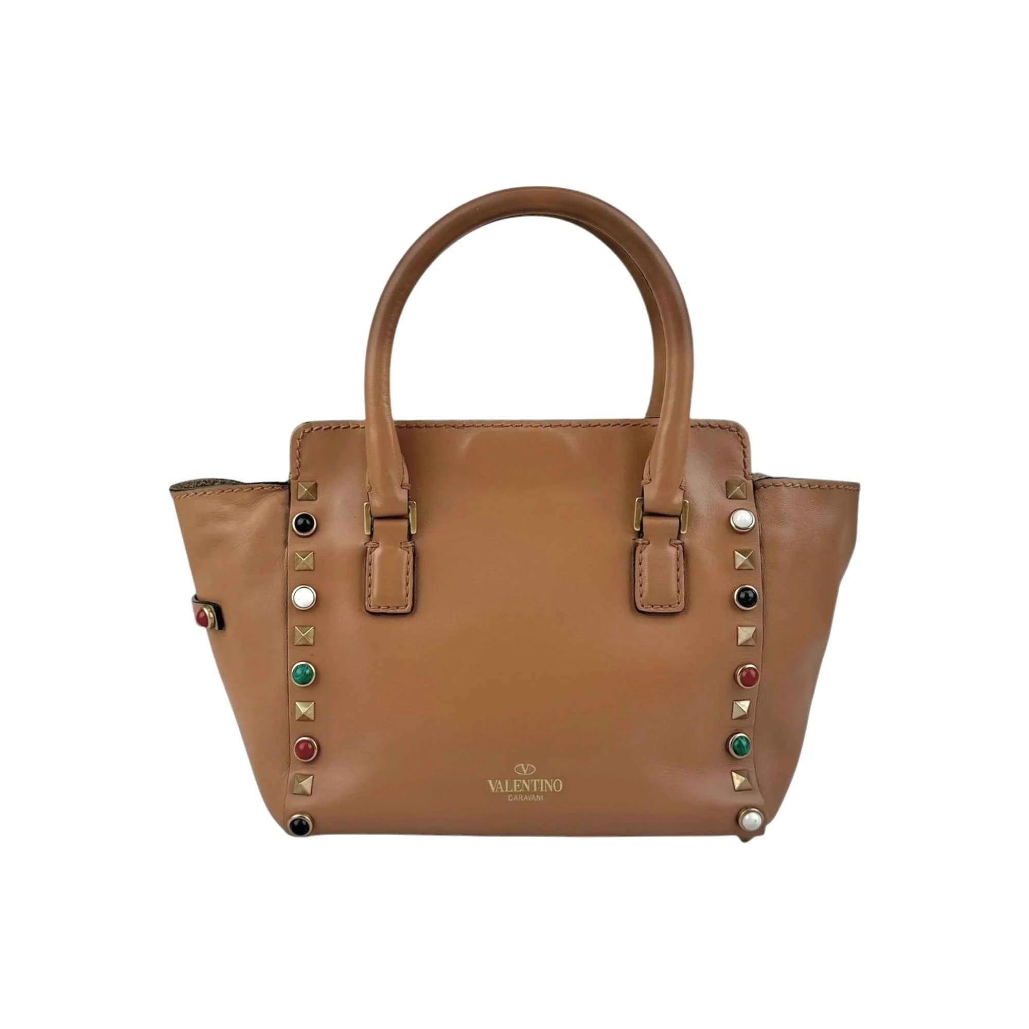 Valentino Brown Leather Rockstud Double Handle Tote Bag