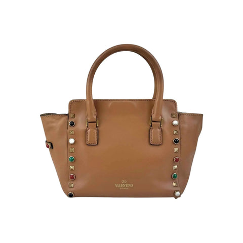 Valentino Brown Leather Rockstud Double Handle Tote Bag