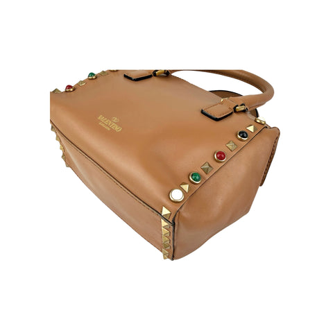 Valentino Brown Leather Rockstud Double Handle Tote Bag