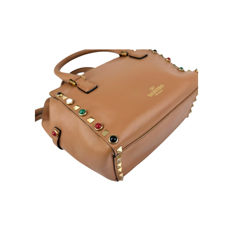 Valentino Brown Leather Rockstud Double Handle Tote Bag