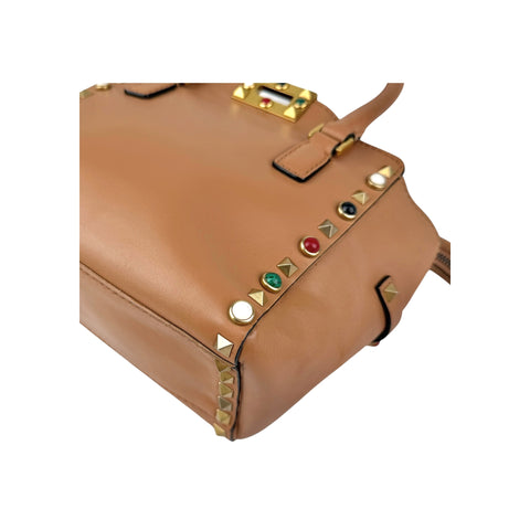 Valentino Brown Leather Rockstud Double Handle Tote Bag