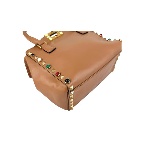 Valentino Brown Leather Rockstud Double Handle Tote Bag