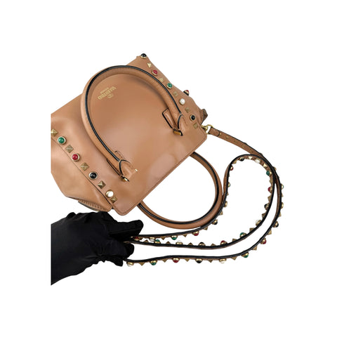 Valentino Brown Leather Rockstud Double Handle Tote Bag